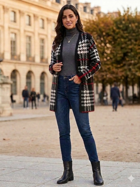 SHEIN Sweaters - Shein Black, White & Red Plaid Open Cardigan Size XL